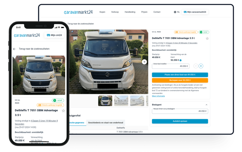 Een screenshot van de productpagina van caravanmarkt24.de